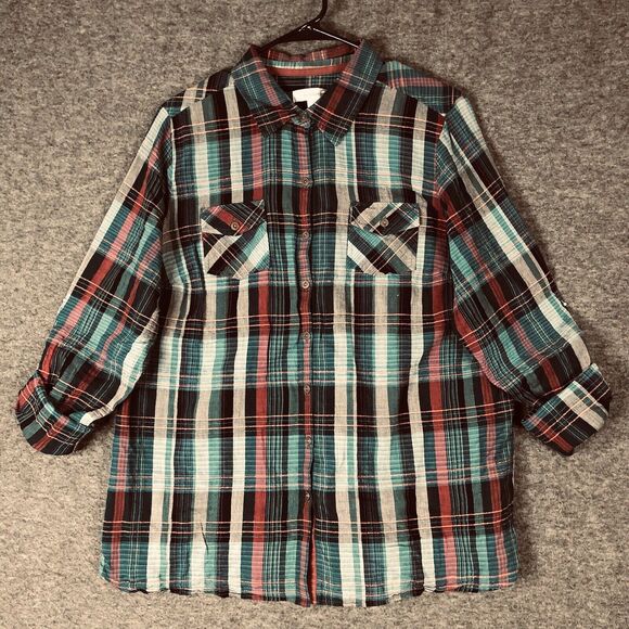 Y2K Western Shirt Womens 1X Multicolor Plaid VTG Flap Pockets Button Tab Sleeves - Picture 1 of 11